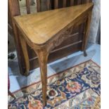 CARD TABLE, French Louis XV walnut with carved detail, triangular with green baize playing surface,