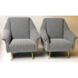 ARMCHAIRS, a pair, 1960's Italian style, black and white dog tooth, with swept gilt supports,