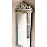 VENETIAN STYLE WALL MIRROR, with canted corners, etched marginal plates and cresting,