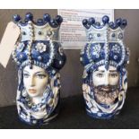 CALTAGIRONE MAIOLICA VASES, a pair, in form of a Moorish man and woman, signed at base, 33cm H.