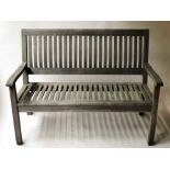 GARDEN BENCH, of small proportions, weathered teak slatted construction, 120cm W.