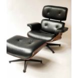 AFTER CHARLES AND RAY EAMES LOUNGER ARMCHAIR AND STOOL, piped black leather,