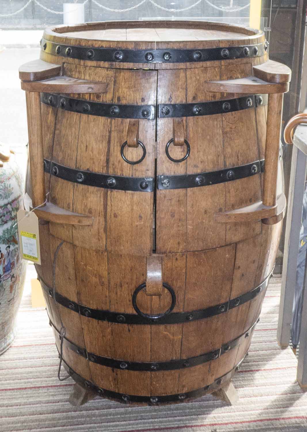 WINE BARREL BAR, with central opening compartment with light up interior, 101cm H x 60cm diam.
