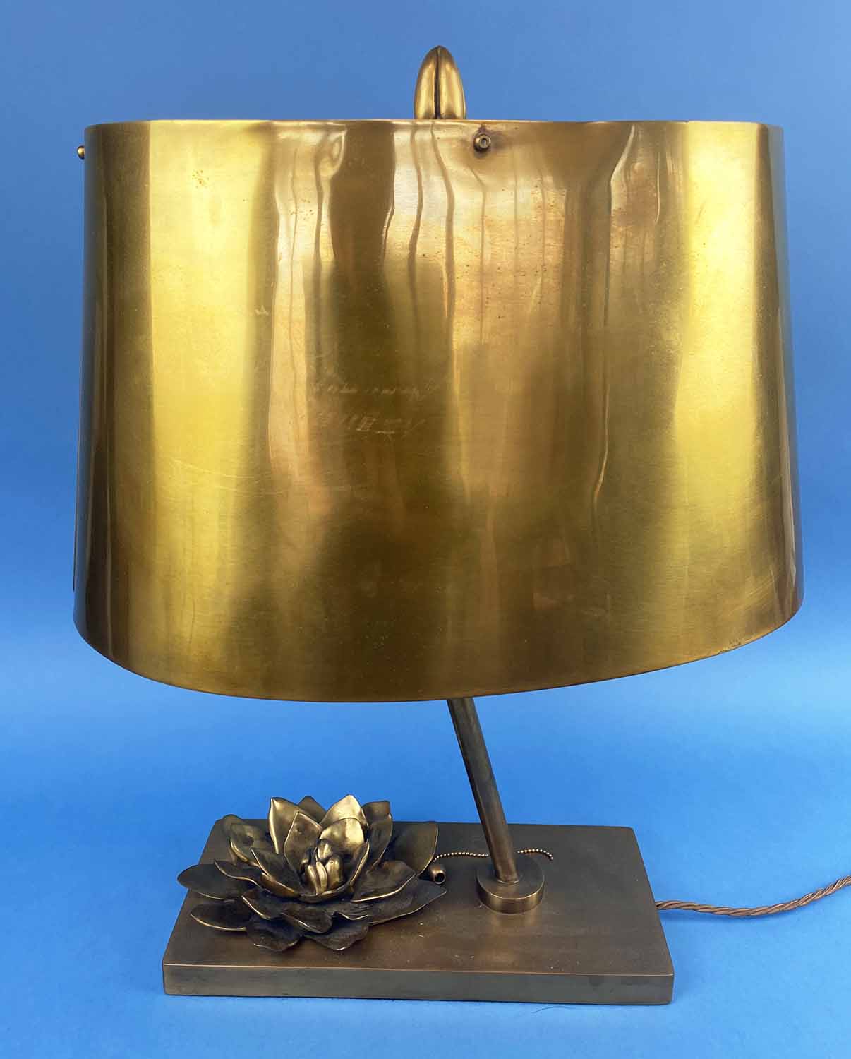 TABLE LAMP, brass with lotus leaf decorated base, 53cm H.