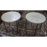 SIDE TABLES, a pair, circular vellum topped, with gilt metal supports, 52cm H x 55cm Diam.
