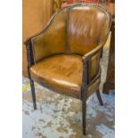 DESK CHAIR, 19th century mahogany of tub form in close nailed brown leather, 56cm W.