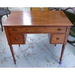 DESK, Regency mahogany with three drawers on turned supports, 54cm x 82cm H x 89cm.