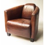 AVIATOR ARMCHAIR, Timothy Oulton style hand dyed tobacco brown stitched leather, 62cm W.