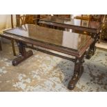CENTRE TABLES, a pair, Victorian mahogany with modern loose painted tops on stretchered supports,