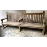 ENGLISH COUNTRY ESTATE GARDEN BENCH, of exceptional proportions, silvery weathered teak,