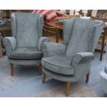 WING ARMCHAIRS, a pair, in green chenille, 99cm H x 81cm W.