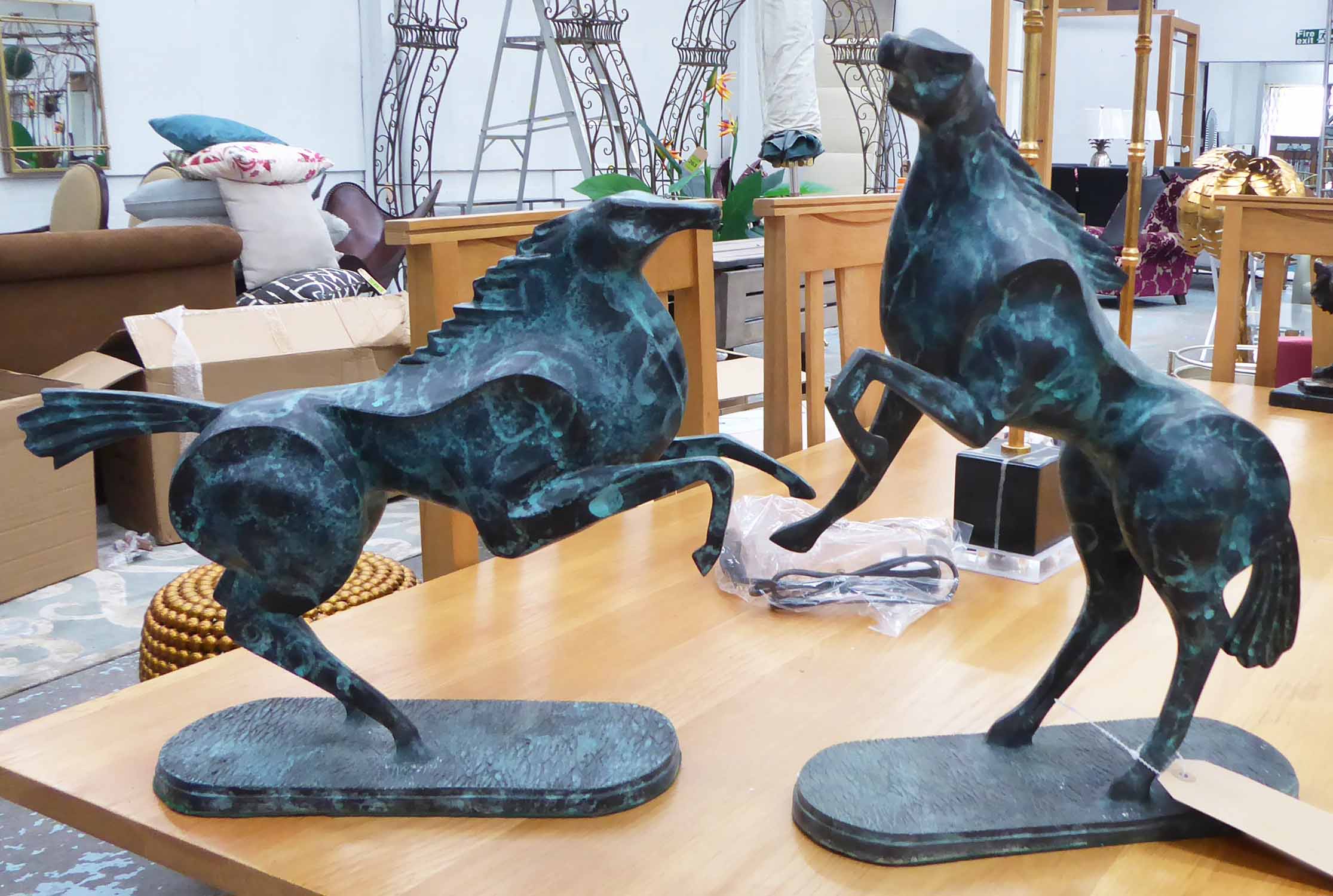 FUTURIST SCHOOL INSPIRED SCHOOL BRONZED STUDIES OF REARING STALLIONS, a pair, 43cm H.