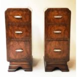 BEDSIDE CHESTS, a pair, Art Deco walnut each with three drawers, 27cm x 42cm x 69cm H.