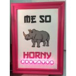 ME SO HORNY, by Bee Rich, bespoke light up wall art, 111cm x 80cm x 5cm.