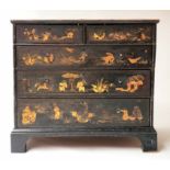 CHEST, early 18th century English Queen Anne, Japanned and gilt Chinoiserie decorated,
