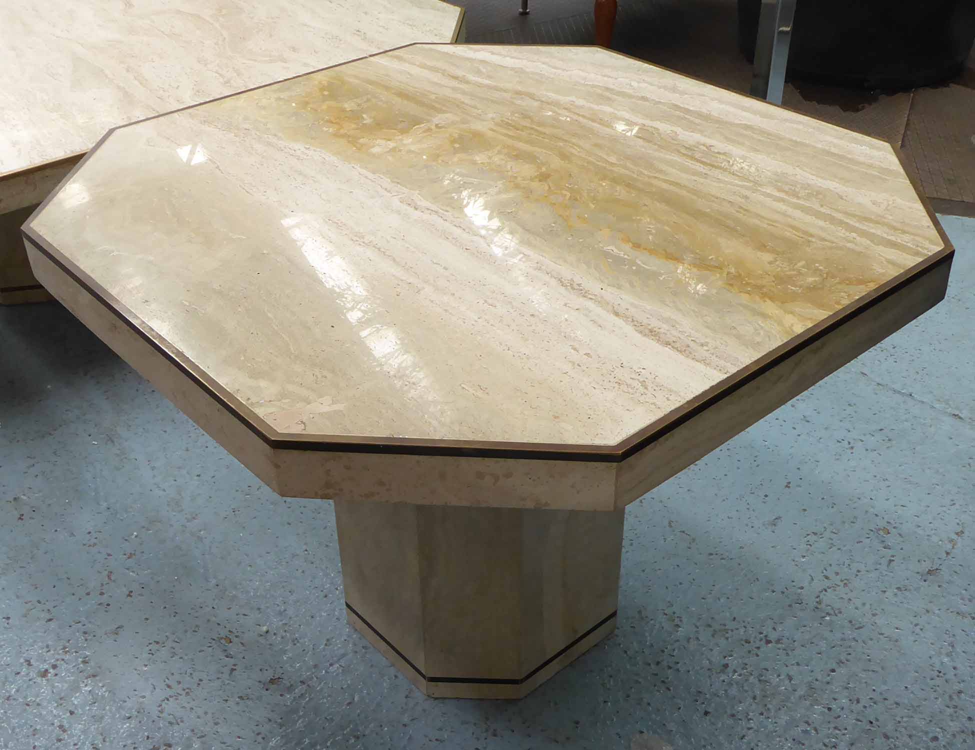 SIDE TABLE, 1970s italian style, Travertine with a brass inlay and canted corners,