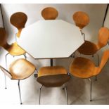 CATERING TABLE AND CHAIRS, a set of eight, stacking chairs in plywood on chromed supports,