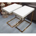 SIDE TABLES, a pair, 1960's French style, white perspex and brass frames, 56cm H.