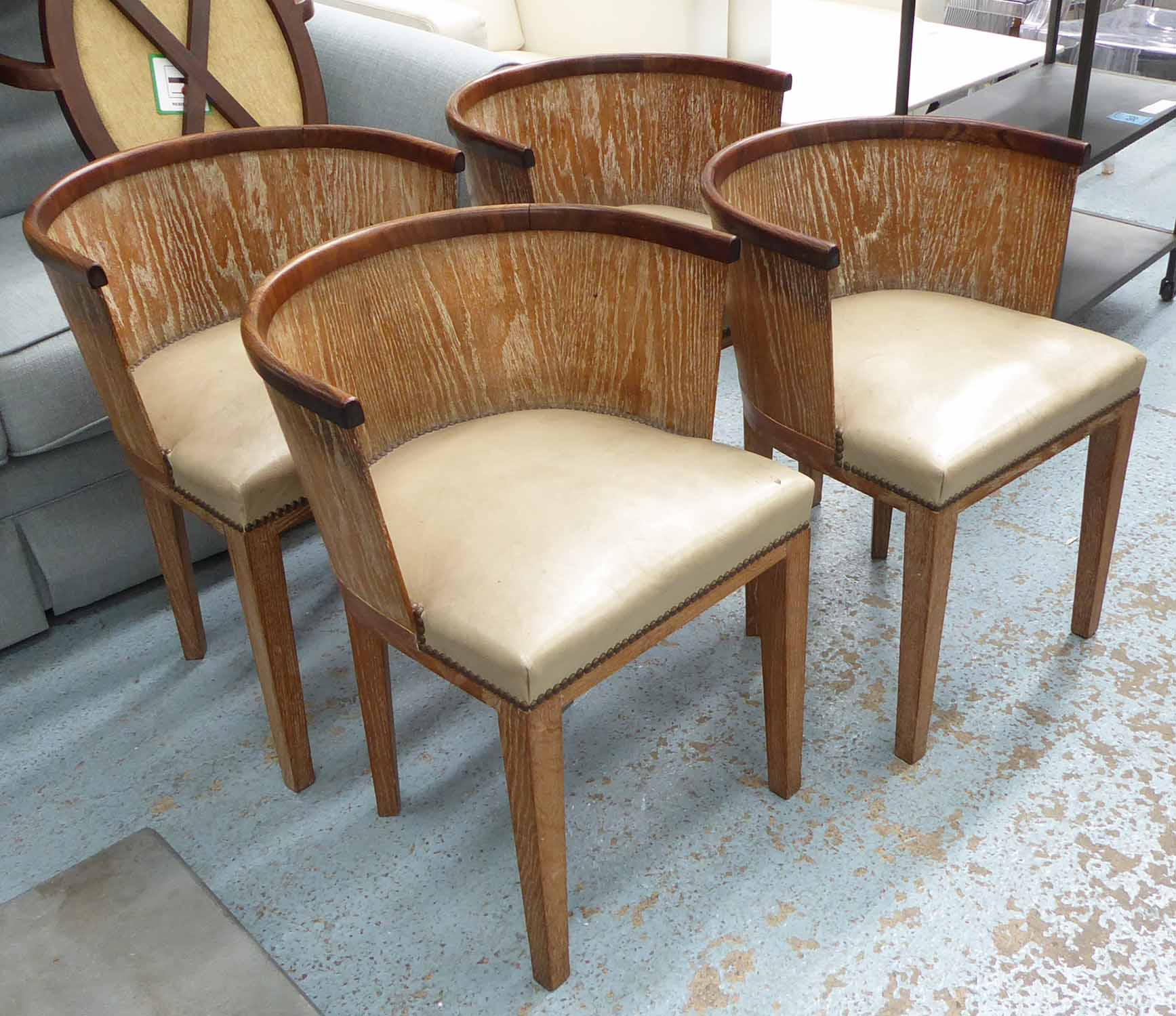 ATTRIBUTED TO ATELIER MAJORELLE BARREL CHAIRS, a set of four, circa 1930's, French Art Deco,
