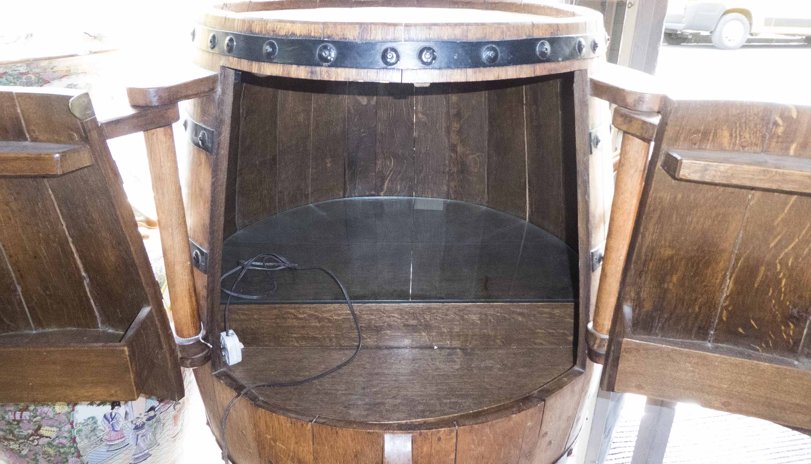 WINE BARREL BAR, with central opening compartment with light up interior, 101cm H x 60cm diam. - Image 3 of 3