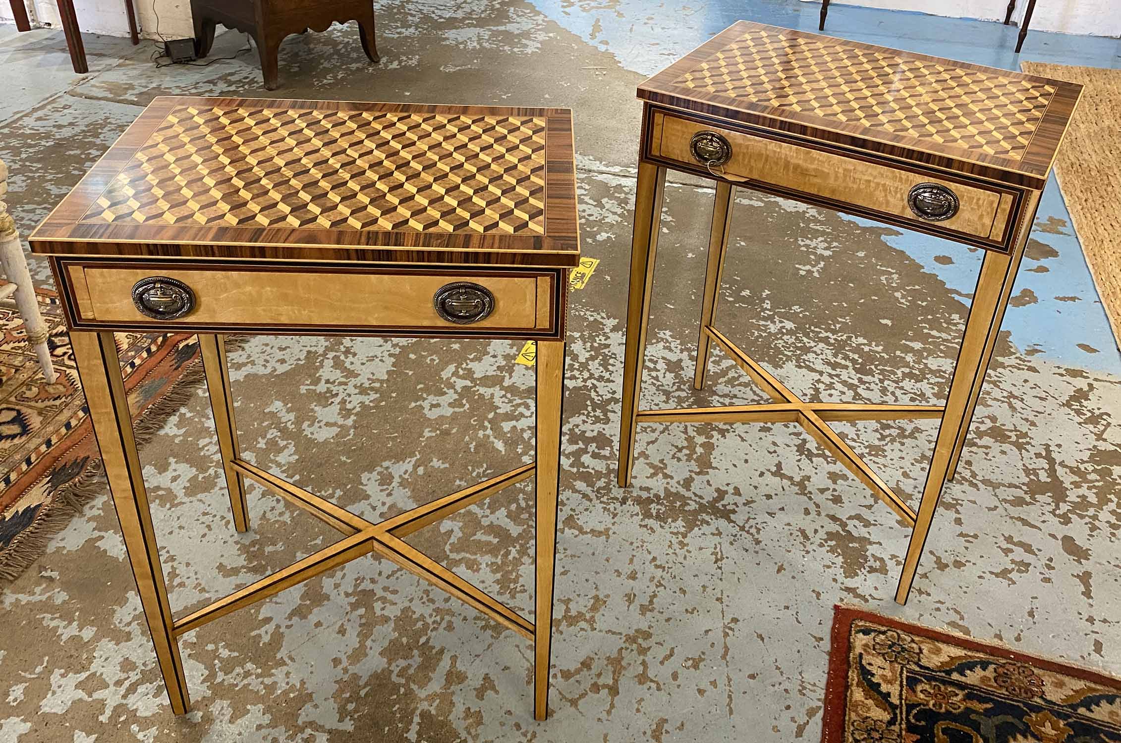 SIDE TABLES, a pair, Georgian style satinwood and parquetry,