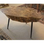 TREE TRUNK TABLE, line edge wooden top on splayed black metal legs, 106cm x 63cm x 66cm H.