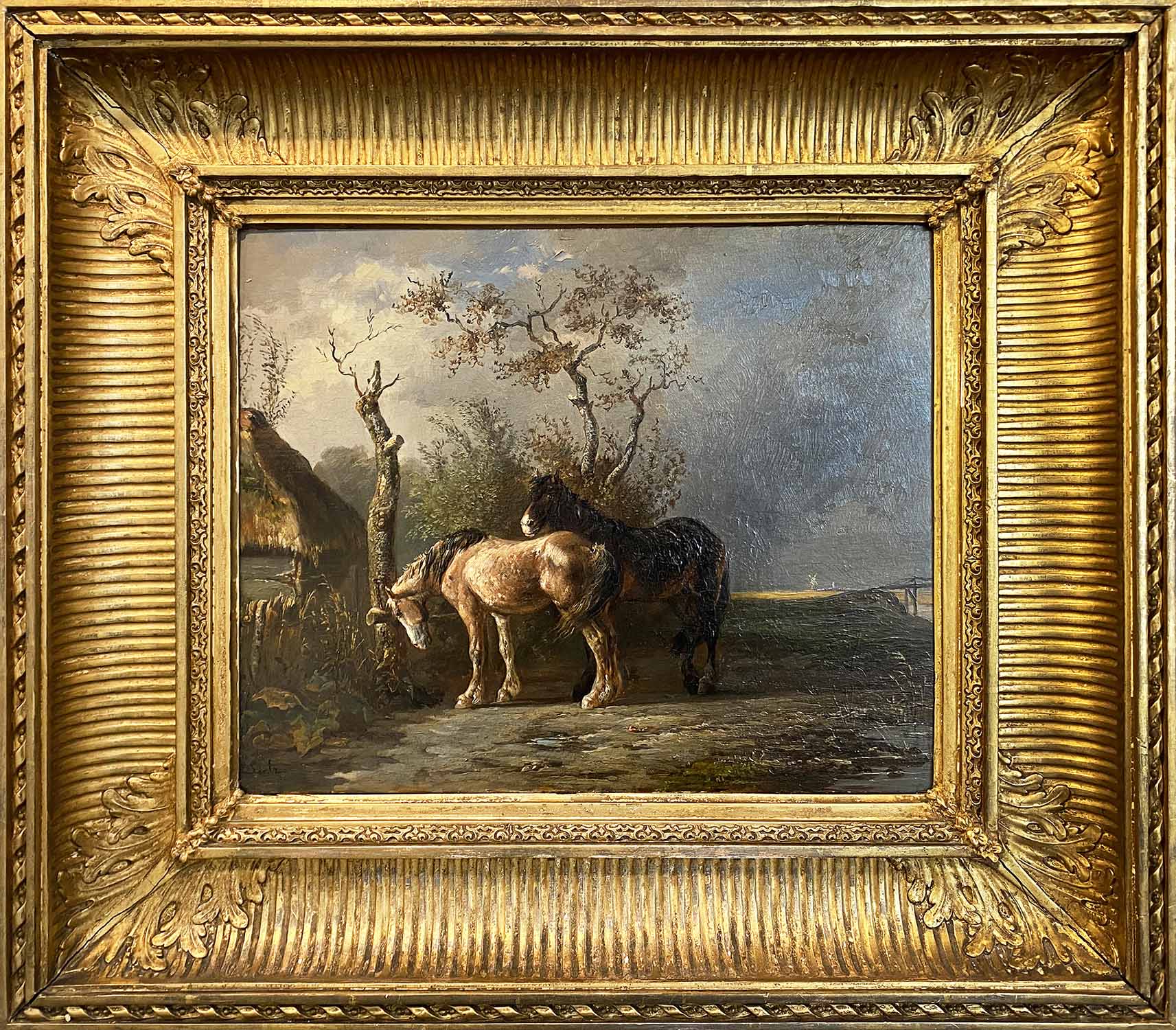 FERDINAND ERNST LINTZ (Dutch 1833-1909), 'Chevaux dans une prairie', label to verso, gilt framed,