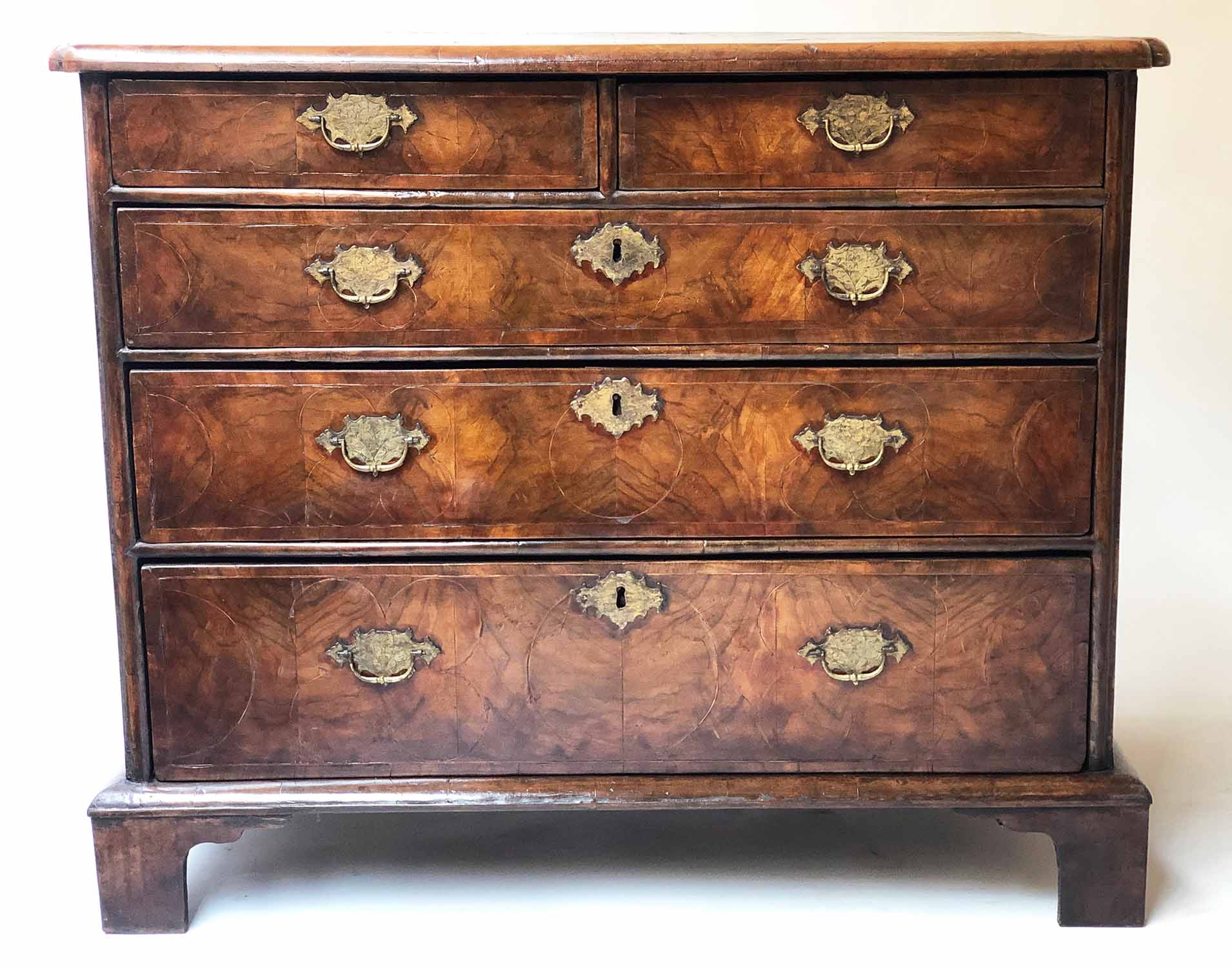 CHEST, 18th century English Queen Anne figured walnut with two short and three long drawers,