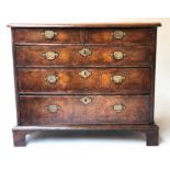 CHEST, 18th century English Queen Anne figured walnut with two short and three long drawers,