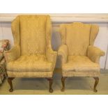 WING ARMCHAIR, 19th century walnut, in patterned yellow upholstery, 83cm W x 115cm H,