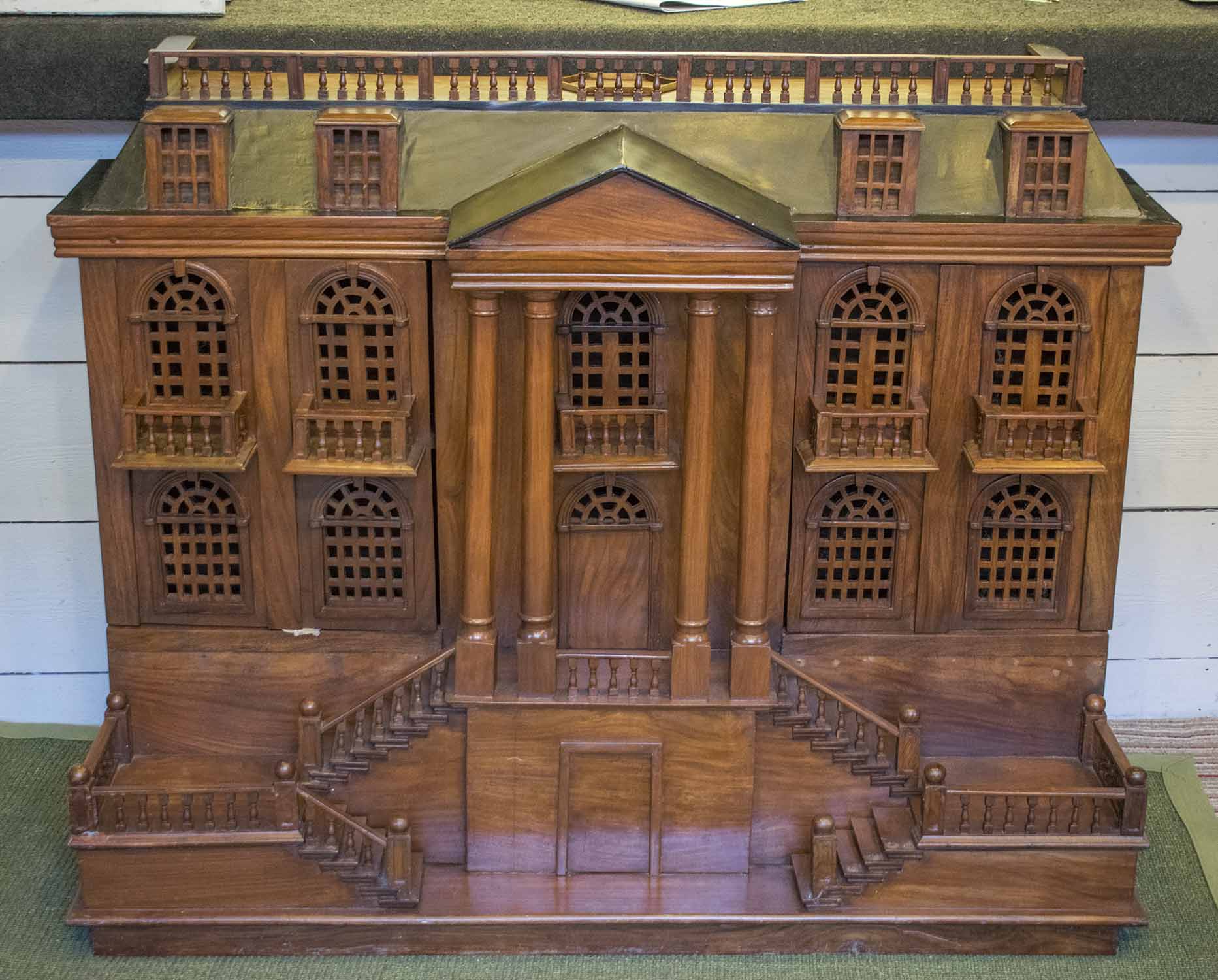 CABINET, in the form of a Palladian mansion, hardwood with two doors, 97cm H x 123cm W x 54cm D.