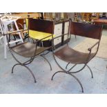 SAVONAROLA CHAIRS, a set of four, vintage Italian, with swing leather seats on metal frames, 60cm W.