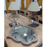 OKA SCROLL LAMPS AND MIRROR, a pair, each 28cm W x 14cm D x 43cm H,