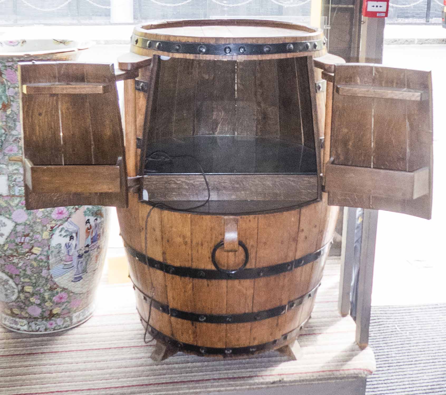 WINE BARREL BAR, with central opening compartment with light up interior, 101cm H x 60cm diam. - Image 2 of 3