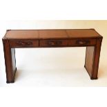WRITING TABLE, Timothy Oulton style stitched hand finished tan leather with three frieze drawers,