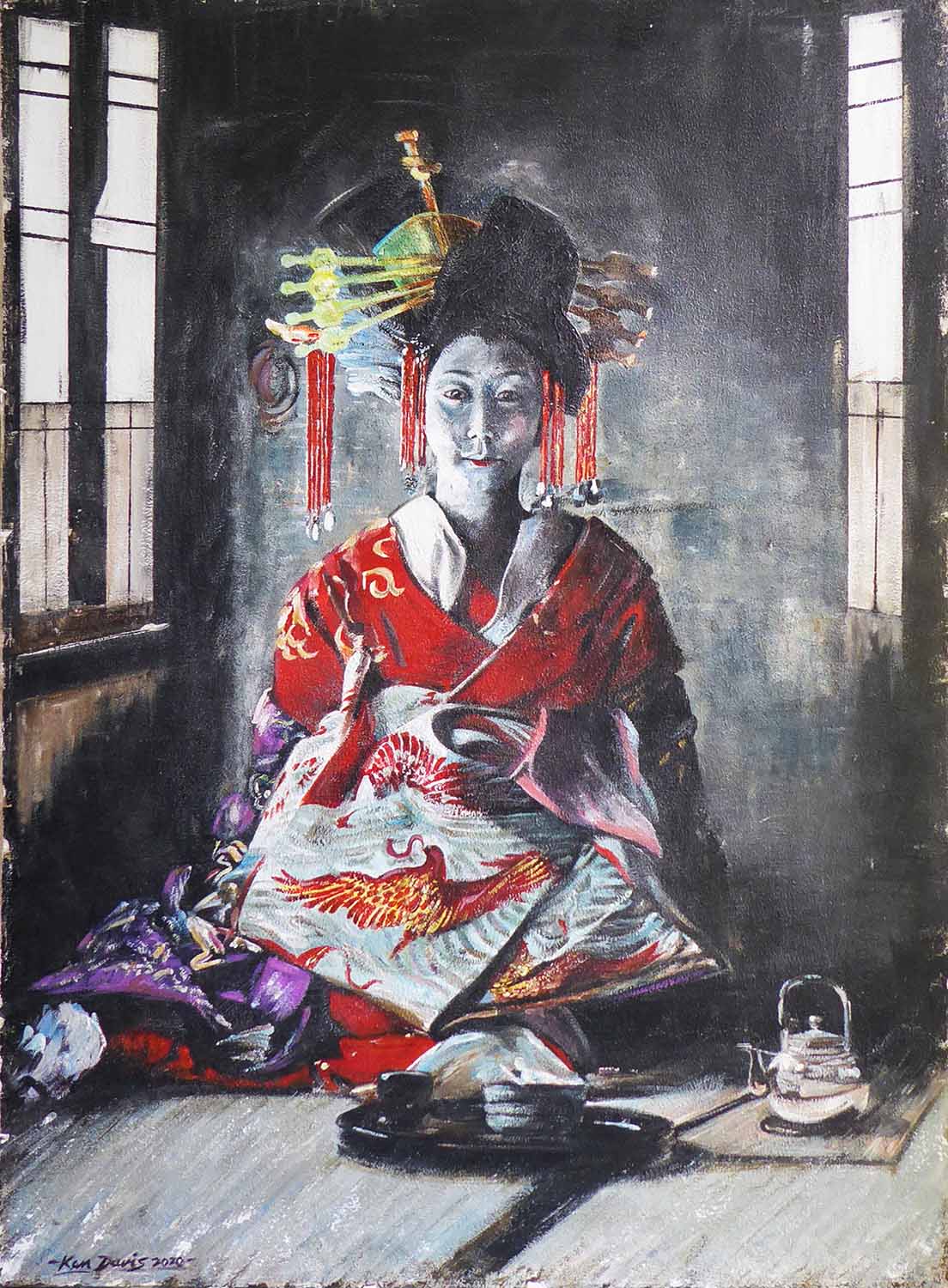 KEN DAVIS, Tea time in Japan, acrylic painted on board, signed and dated verso, 122cm x 91.5cm.