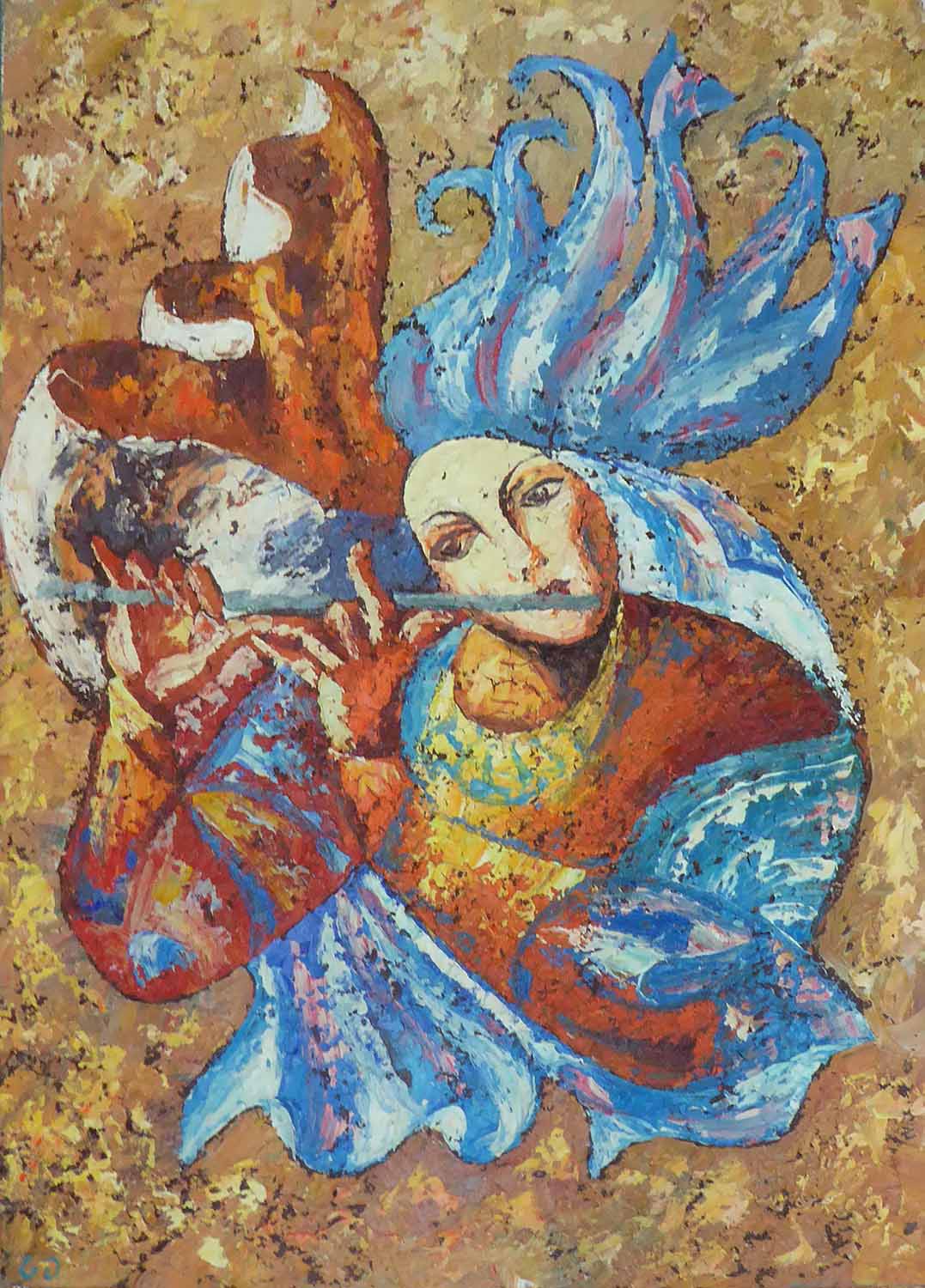 20th CENTURY EUROPEAN SCHOOL 'Playing the Flute', acrylic on canvas, 90cm x 60cm.