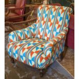 ARMCHAIR, Victorian newly upholstered in brightly coloured fabric, 73cm W.