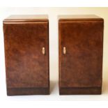 ART DECO BEDSIDE CABINETS, a pair, burr walnut each with a panel door enclosing slide,