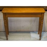 HALL TABLE, antique teak with shallow top on turned front legs, 73cm H x 92cm W x 31cm D.