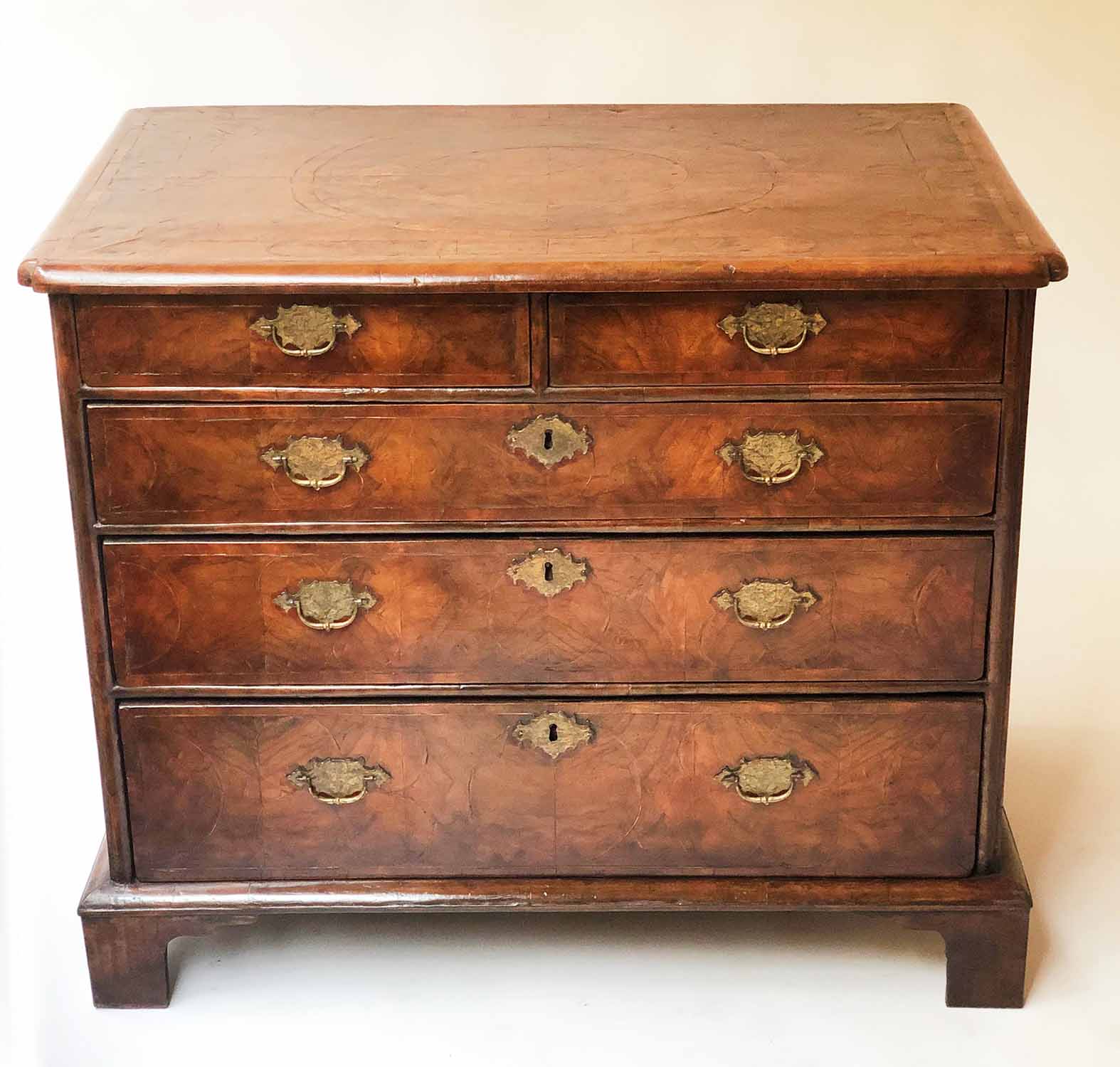 CHEST, 18th century English Queen Anne figured walnut with two short and three long drawers, - Image 2 of 4