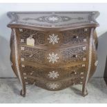 SYRIAN STYLE BOMBE CHEST, beechwood with mother of pearl inlay and four drawers,