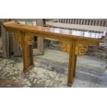 SCRIBES TABLE, Chinese elm with pierced carved supports, 93cm H x 176cm x 32cm.