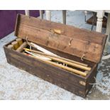 CROQUET SET, early 20th century in pine box, 27cm H x 108cm x 28cm.