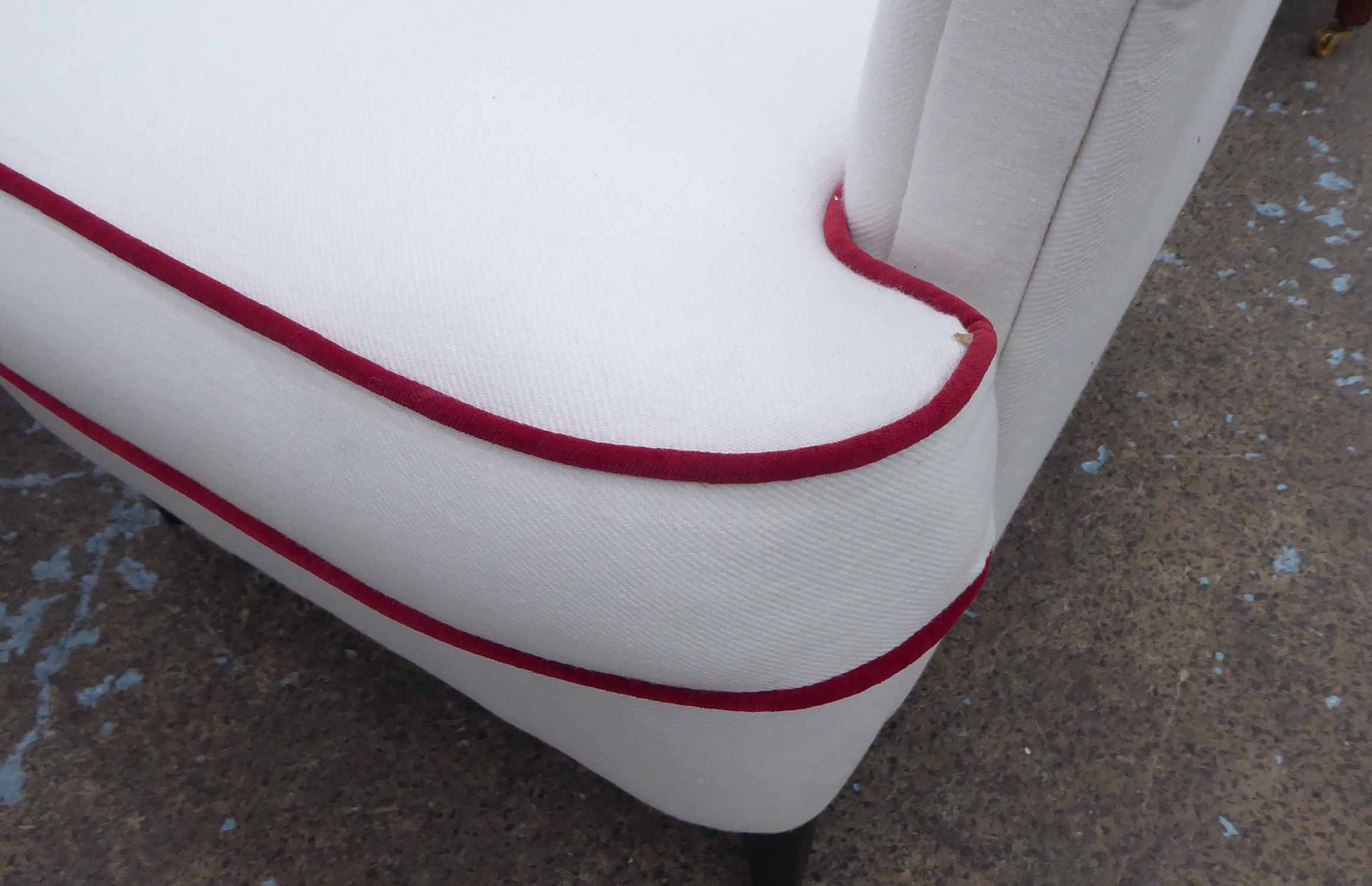 WING BACK ARMCHAIR, 1960's Italian style white with red button and piping detail, 100cm x 84cm W. - Image 2 of 2