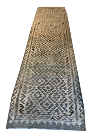 SILVER ANATOLIAN KILIM RUNNER, 412cm x 87cm.