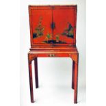 CABINET ON STAND, early 19th century Chinese export, scarlet lacquered and gilt decorated,