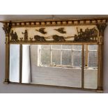 OVERMANTEL, 19th century English giltwood and gesso moulded with triple bevelled mirror plates,