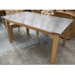 KITCHEN TABLE, beechwood with rectangular steel top, 75cm H x 150cm x 90cm.