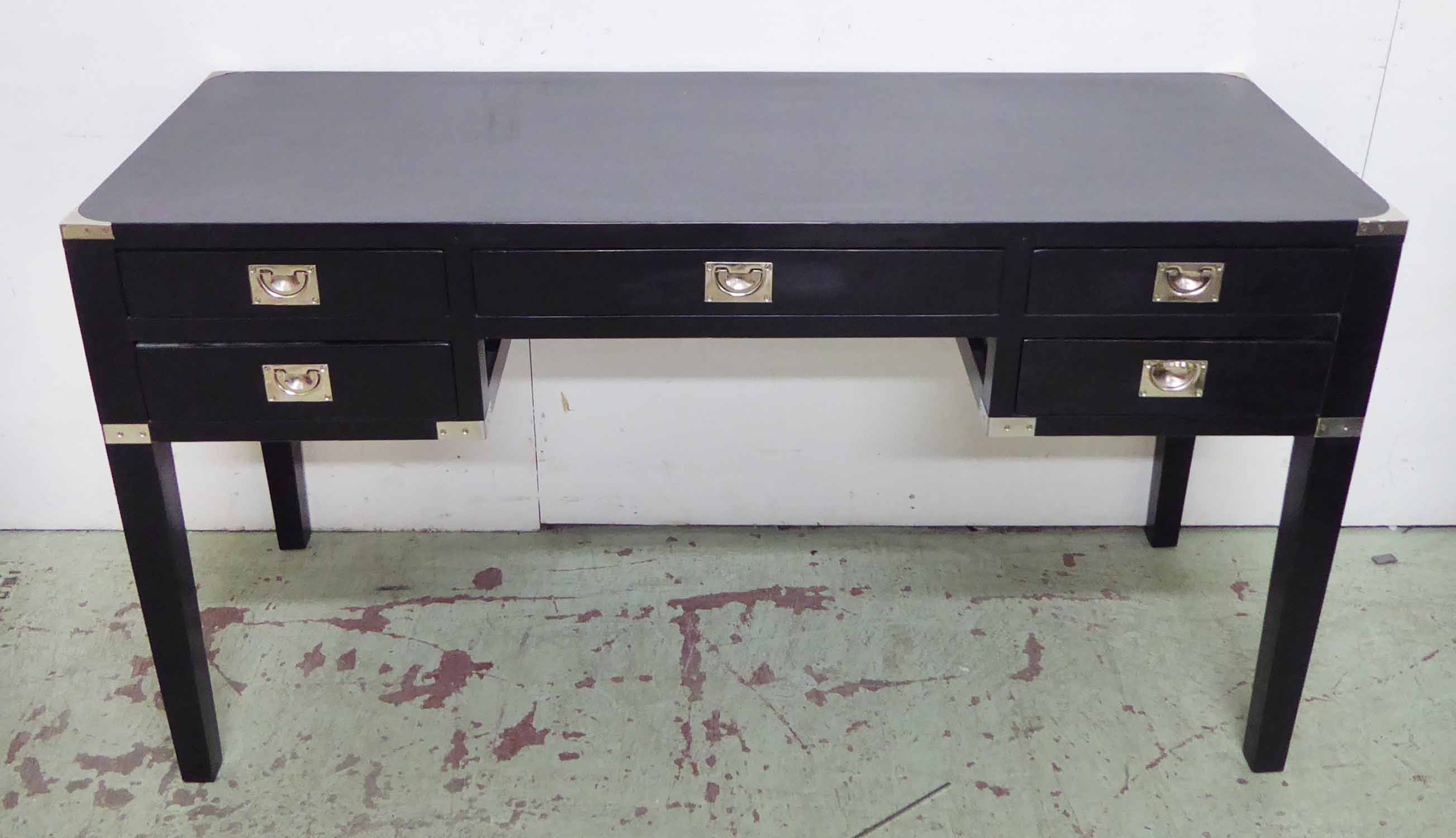 WRITING DESK,CAMPAIGN STYLE, ebonised with polished metal handles, 145cm W x 80cm H x 55cm D.